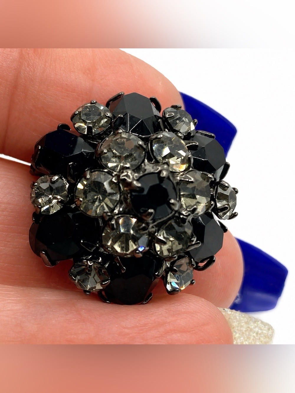 Black and Clear Domed Rhinestone Mourning Brooch Vintage